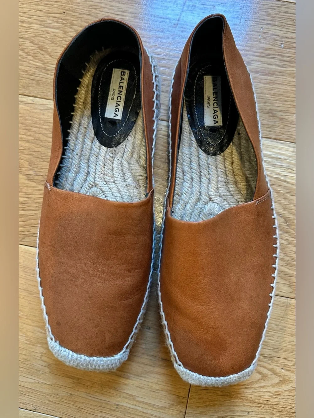 Balenciaga Cognac Leather Espadrille Flats Size 36 Brown Slip On Made in Spain